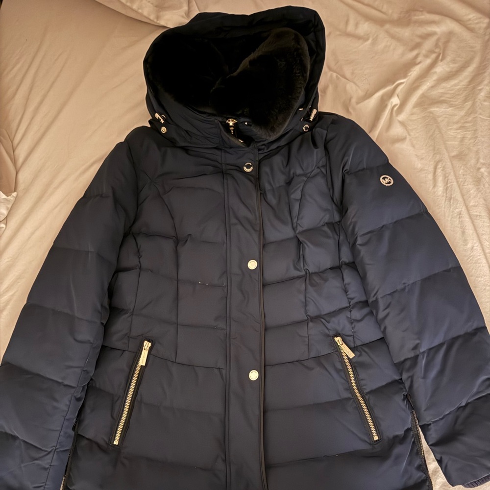 MICHAEL Michael Kors Navy Puffer Jacket with Faux Fur - Picture 2 of 5